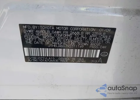 2009 Lexus Es 350 z USA, uszkodzony, nr VIN JTHBJ46G792311149